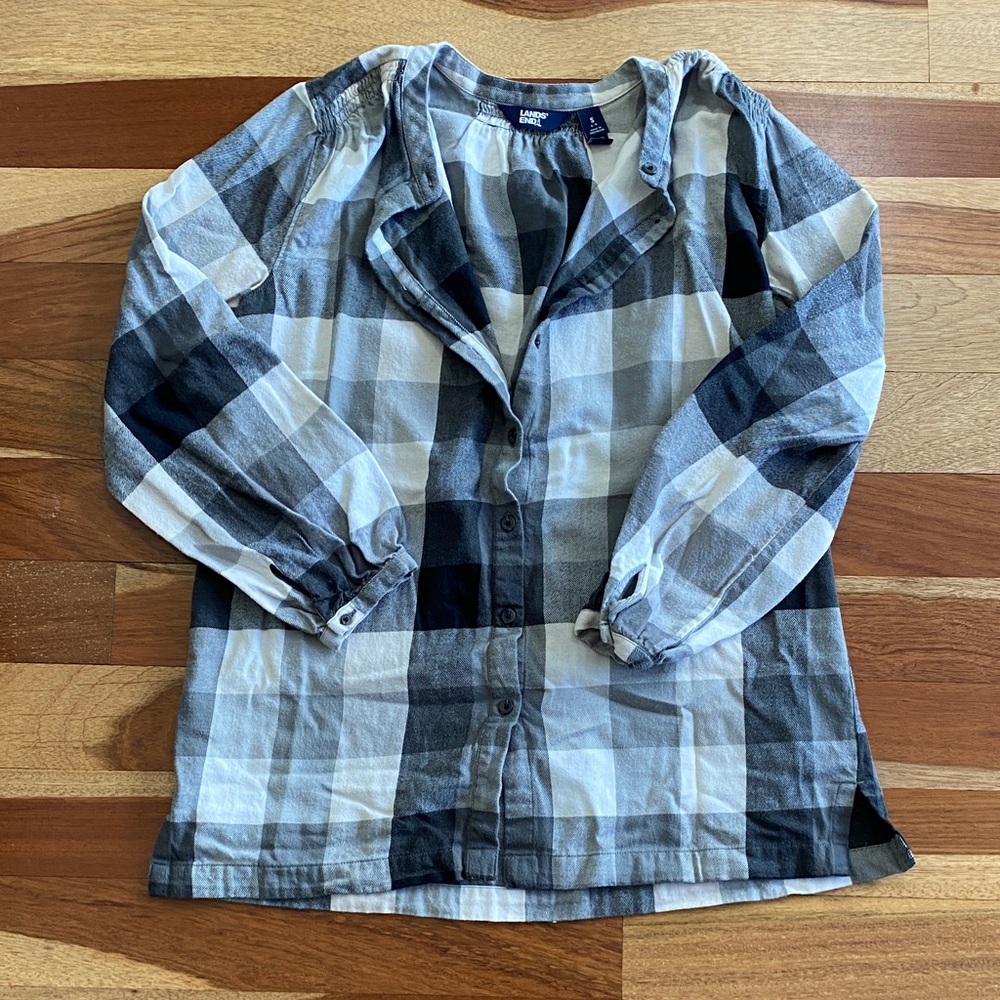 Lands' End Women's Plaid Button Down Shirt - Blue and White